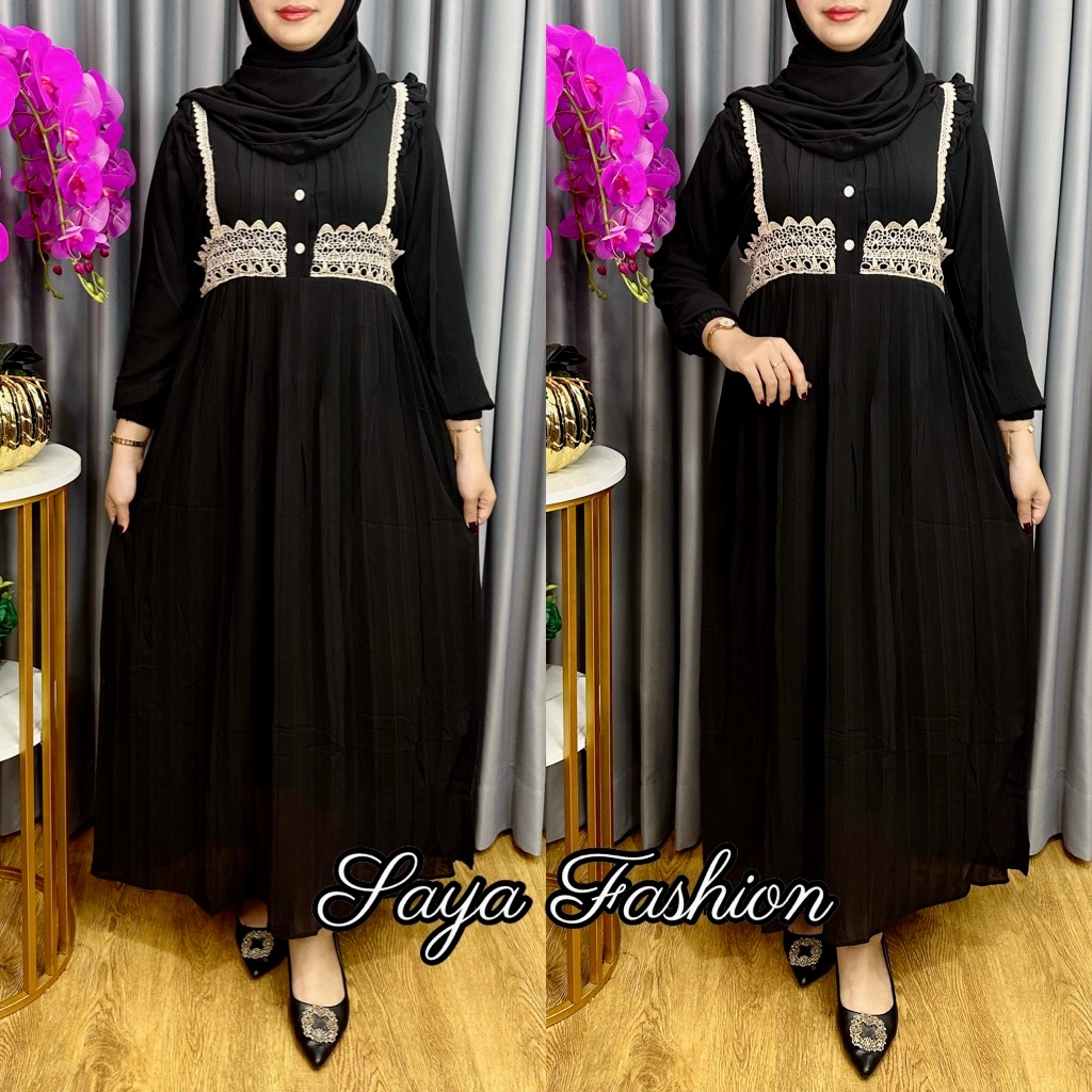 Gamis Ceruty Renda Hitam Kancing 4369 Baju Muslim Lebaran