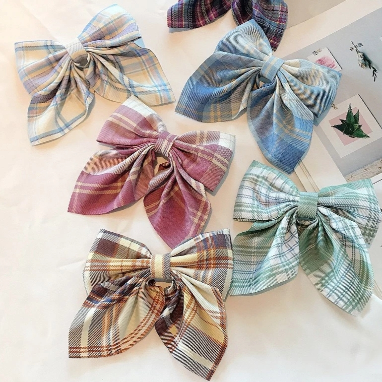 Jepit Rambut Pita Besar Wanita Korea/ Jepitan Pita Rambut Korea Motif Garis Kotak-kotak/ Jepitan Ram