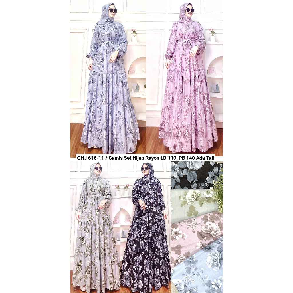 Baju Gamis Set Hijab Motif Bunga | Baju Wanita | Baju Motif Bunga