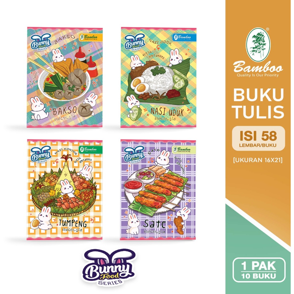 

Bamboo Buku Tulis Kwarto 58 Bunny Food Series [ 1 pak/ 10 Buku )