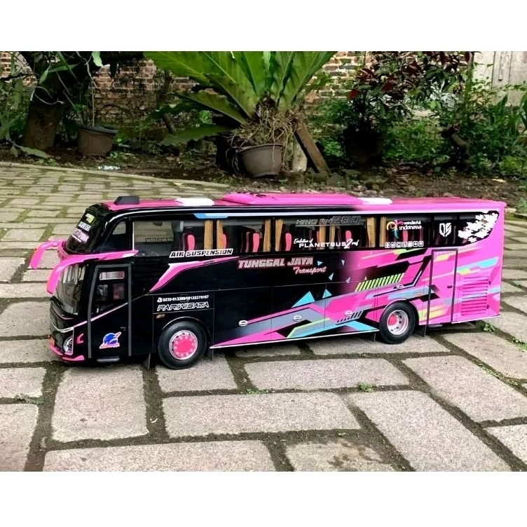 miniatur bus stj black pink full lampu leed bus viral telolet basuri