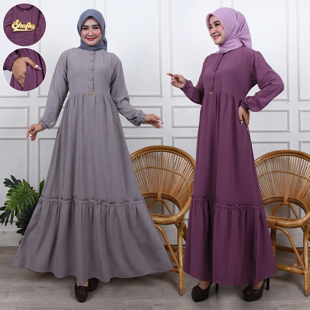 Gamis Crinkle Airflow Kancing Hidup Busuy/Gamis Terbaru lebaran/Gamis Lebaran Shofia Ck 002 Ld 110 C