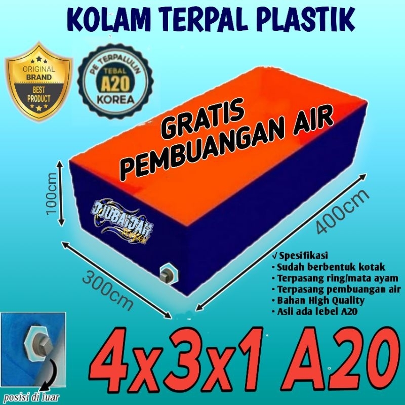 KOLAM TERPAL IKAN KOTAK UKURAN JUMBO 4x3x1/400x300x100 TIPE A20 ORIGINAL SUDAH TERPASANG PEMBUANGAN