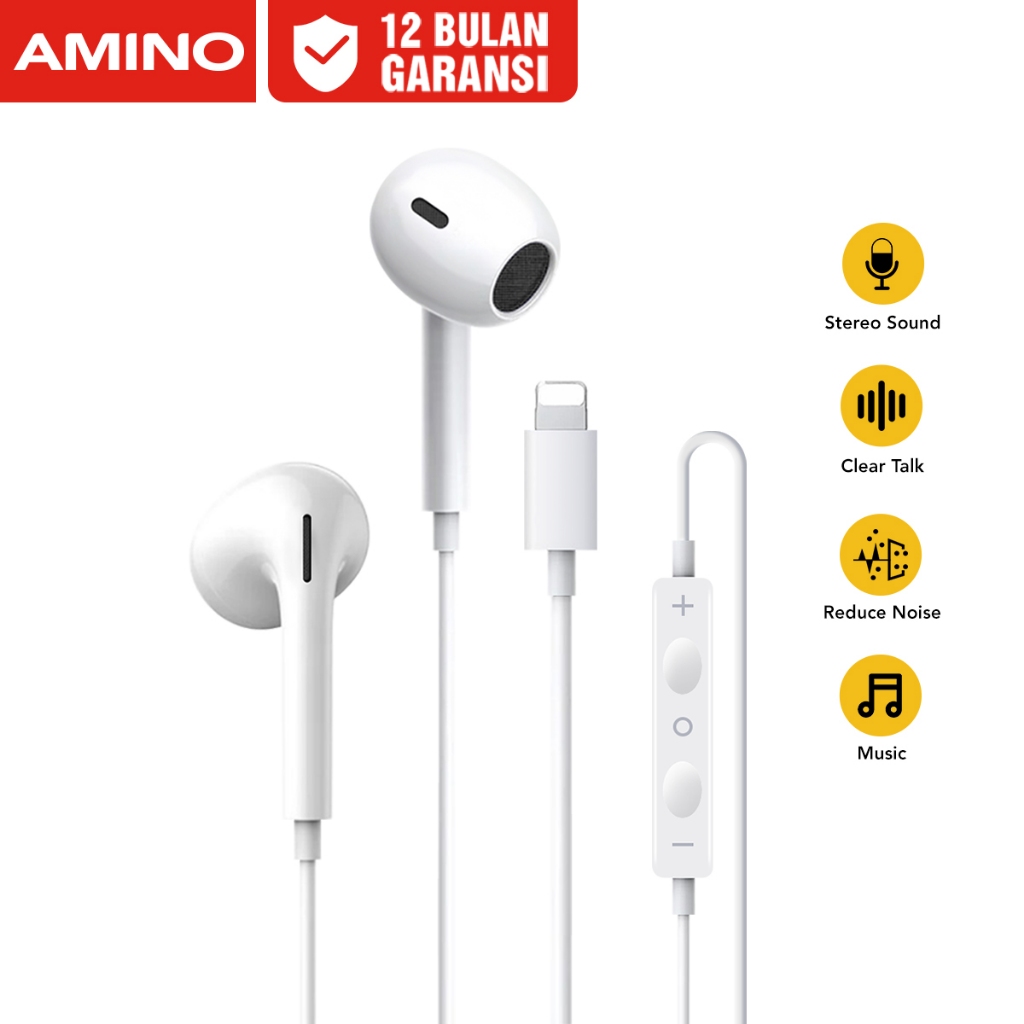 AMINO Headset Lighting Untuk Iphone 13 XR 11 Earphone Handsfree Wired EP07 Mic In Ear Bass Kontrol Volume untuk Iphone 14 Pro Max 14 Plus 13 Pro Max 12 Pro Max 11 Pro Max XS Max XS 7 Plus 8 Plus