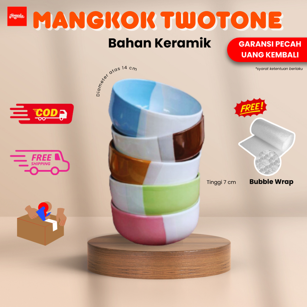 Homedia Mangkok Keramik Two Tone kaibon grosir dan lusinan Diameter 14 cm Mangkok Keramik Bahan Teba