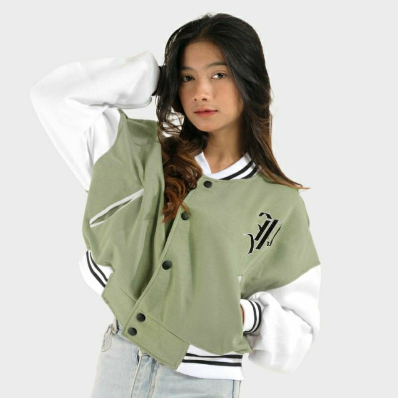 PHOMPPHIESS Jacket Varsity Crop Oversize Sage Putih Jacket Baseball