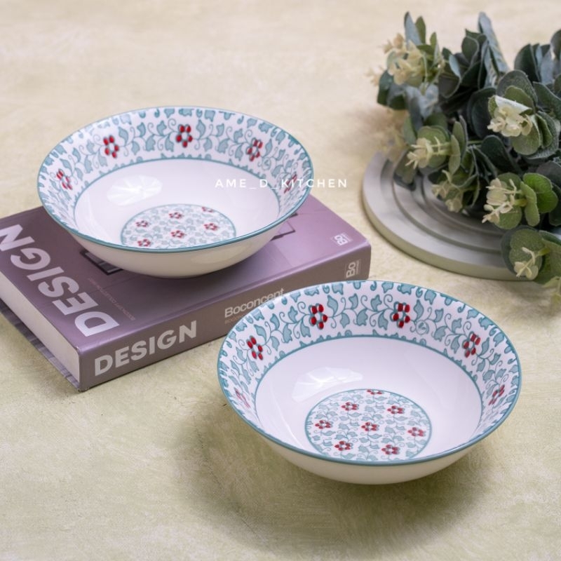 Mangkok bijian keramik bakso 7" motif bunga shabbychic biru midori