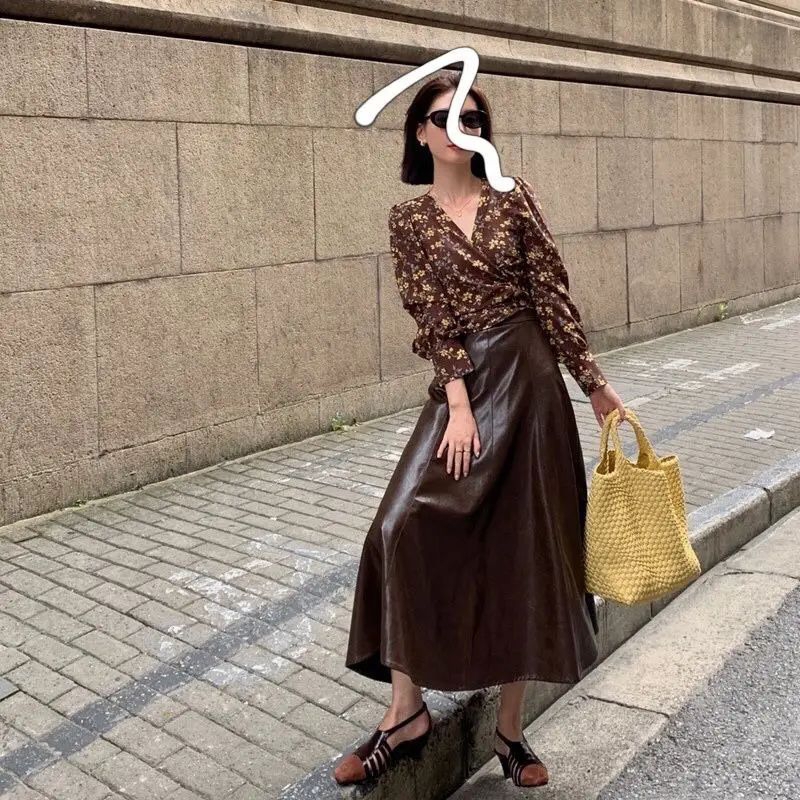 Rok Kulit Panjang Rok Maxi Wanita Model Rok Karyawan Staff Kantor Bahan Semi Kulit Rok A-line Rok Ro