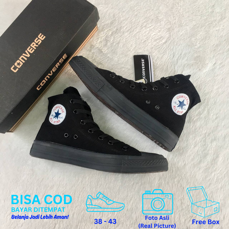 Sepatu Sneakers Casual Kasual Kets Converse ALL STAR Chuck Taylor High Ori Pria Wanita - Hitam Polos