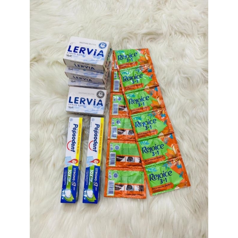 (jatim) 4pcs sabun mandi lervia+1renteng rejoice+2 pepsodent 90gr