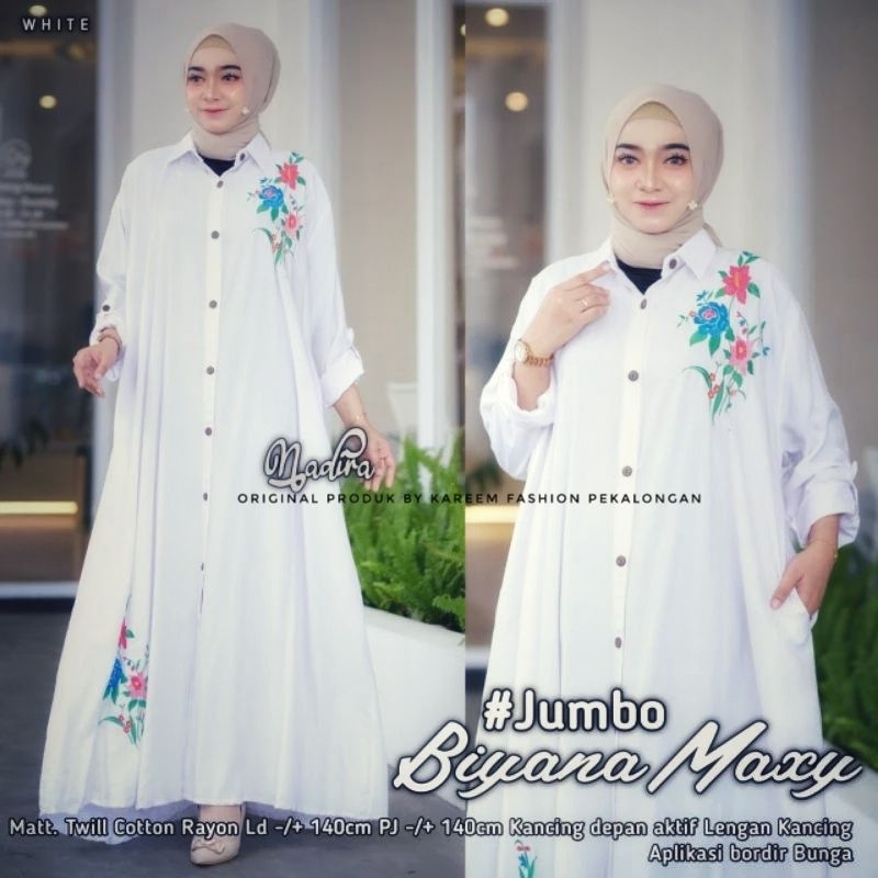 Kareem - Gamis Katun Rayon Bordir Warna Putih LD 140 Jumbo Polos