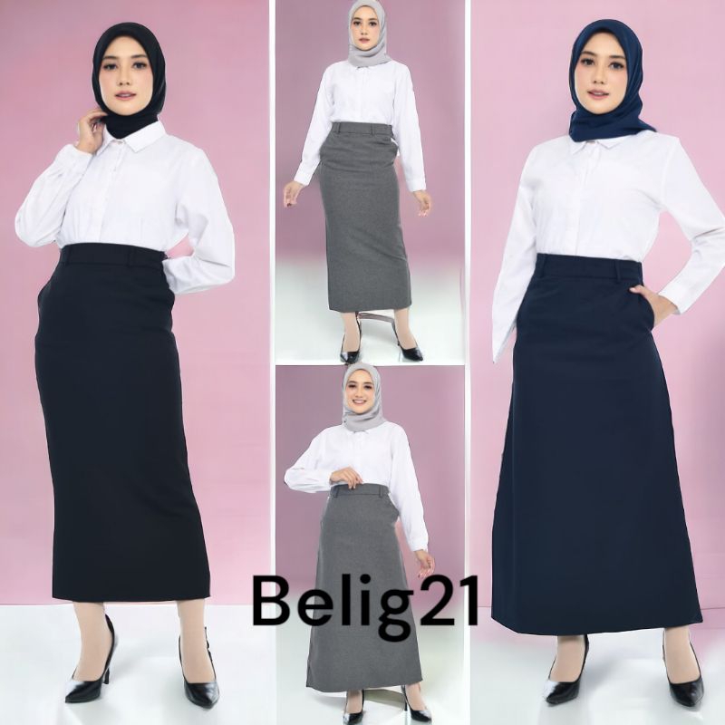 Rok Panjang Hitam Polos Model A line Span Pinggang Karet Ada Kantong Saku Wanita Bahan Dasar Formal 