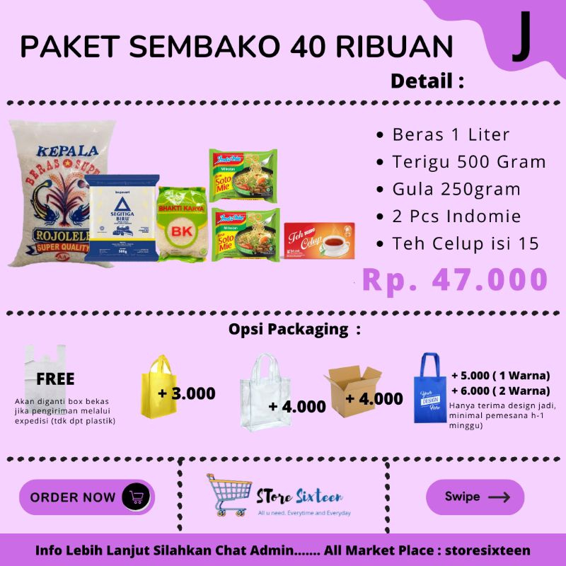 

Paket Sembako Mursh 40 Ribuan J / Paket Sembako Murah