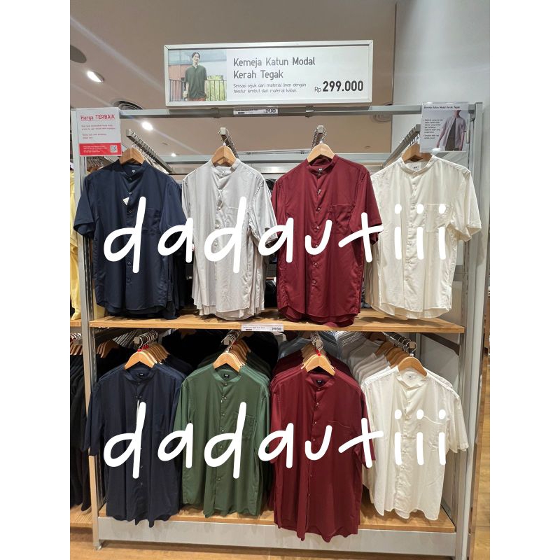 Kemeja Katun Modal Kerah Tegak Lengan Pendek Men Uniqlo