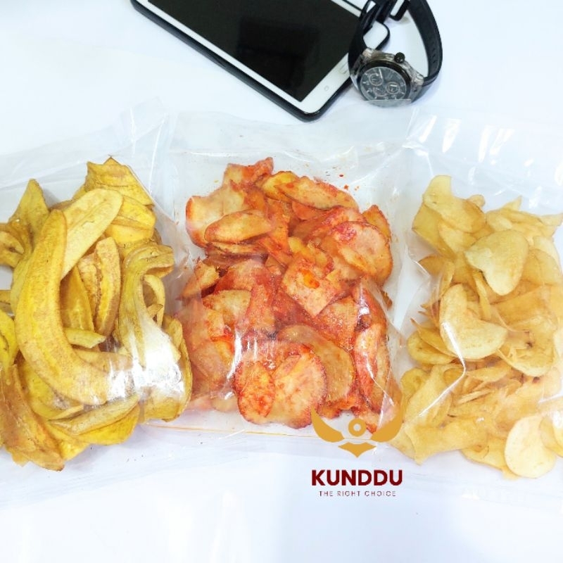 

Kunddu Keripik Pisang, Kentang, Singkong Pedas makanan ringan camilan