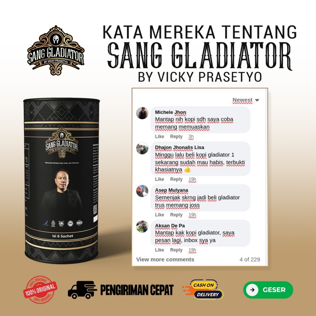 

Sang Gladiator by Vicky Prasetyo Kopi Pilihan Pria - Halal & Bpom - 1 Pack isi 6 Sachet