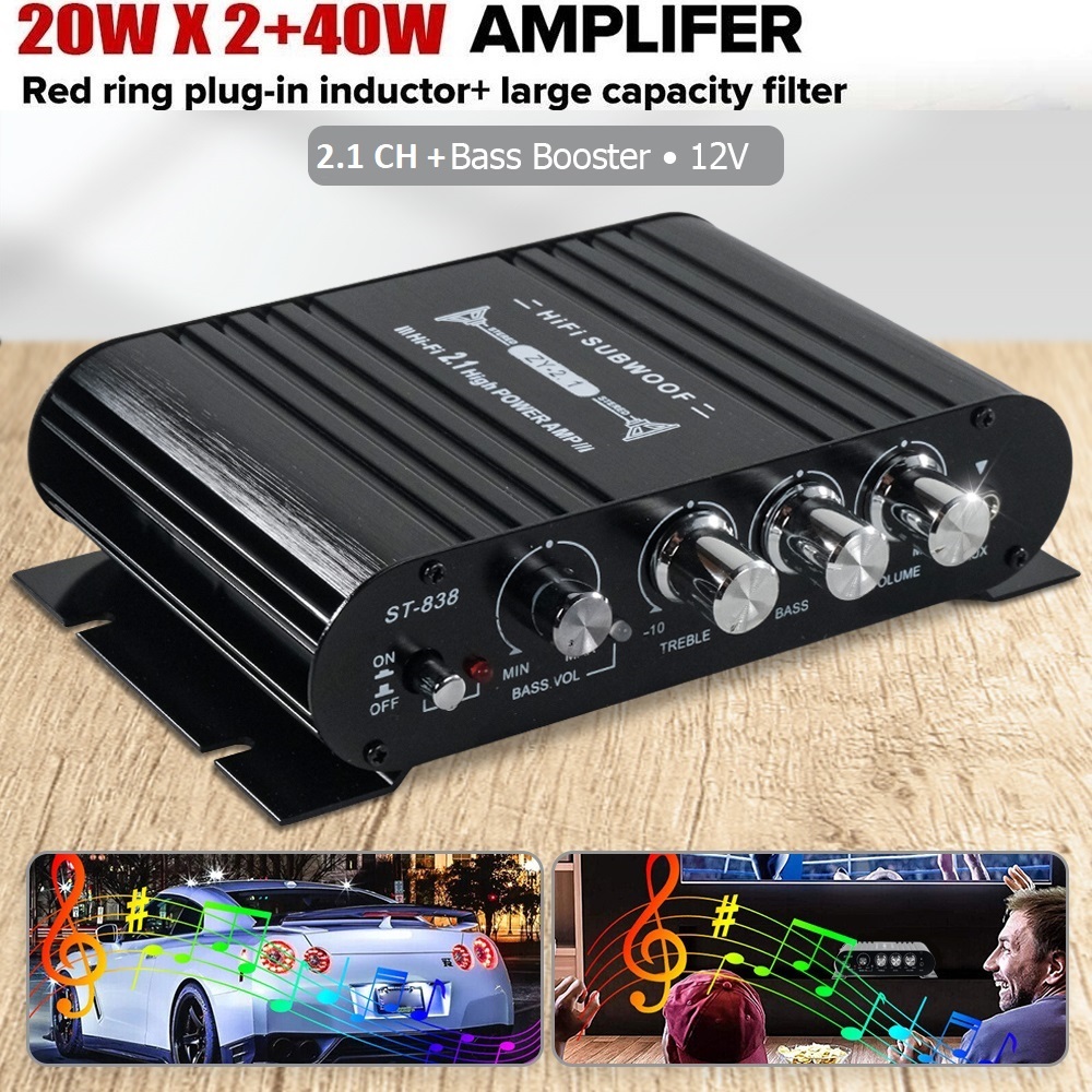 POWER 2.1 Amplifier Treble Bass Booster - ST-838 - 3 channel (2CH + 1 SUB) BISA POWER MOBIL