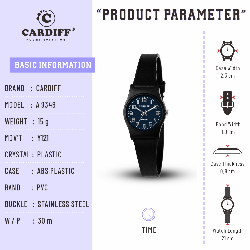 CARDIFF Jam Tangan Analog Karet 9348 (Tanggal & Tanpa Tanggal) Tahan Air | 3ATM