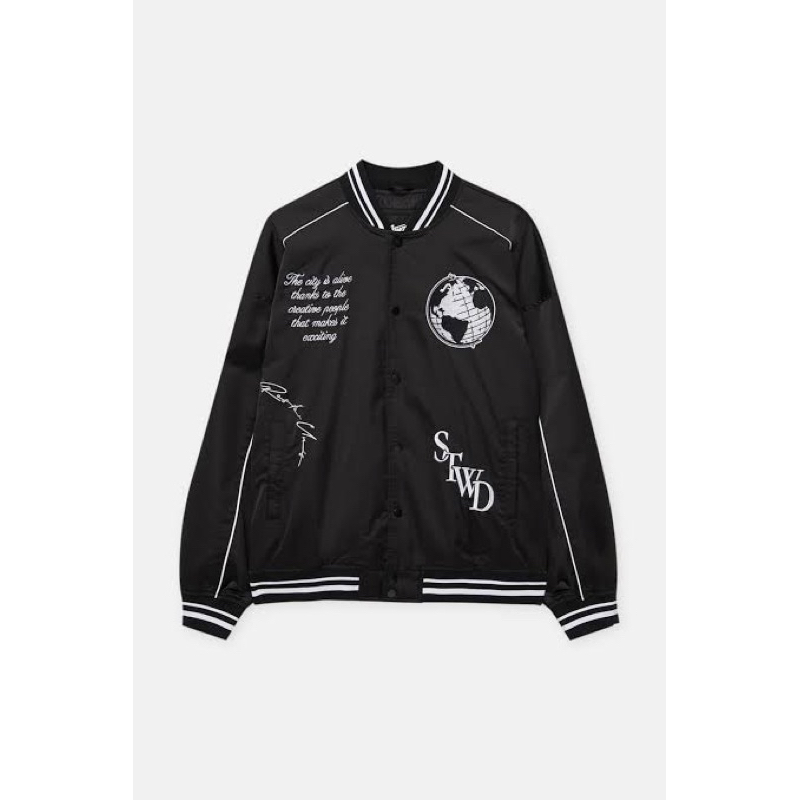 BLACK SATIN VARSITY BOMBER JACKET By PULL&BEAR ORIGINAL STORE RESMI