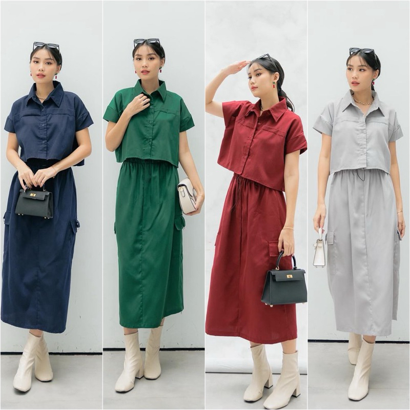 Foria ilova skirt set setelan wanita cargo rok panjang crop top kemeja