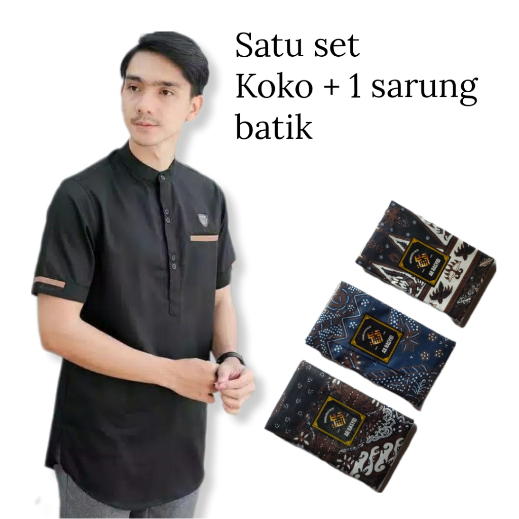 SATU SET BAJU KOKO DAN SARUNG BATIK BAJU KOKO KURTA DEWASA DAN SARUNG BATIK BAHAN ADEM