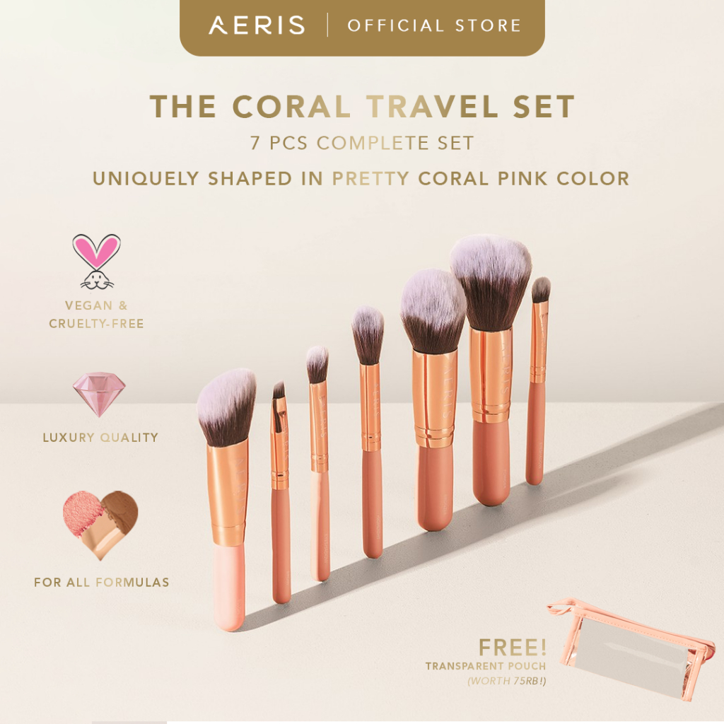 Aeris Beauté The Coral Travel Brush Set - 7 pcs Complete Set | Brush Make Up Set Kuas Rias Lembut Cu