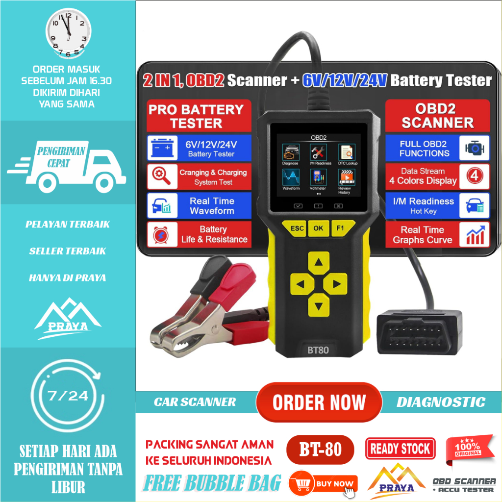 NEW BT80 2 In 1 OBD2 Scanner Battery Tester Check Engine Mobil Code Reader 6V 12V 24V