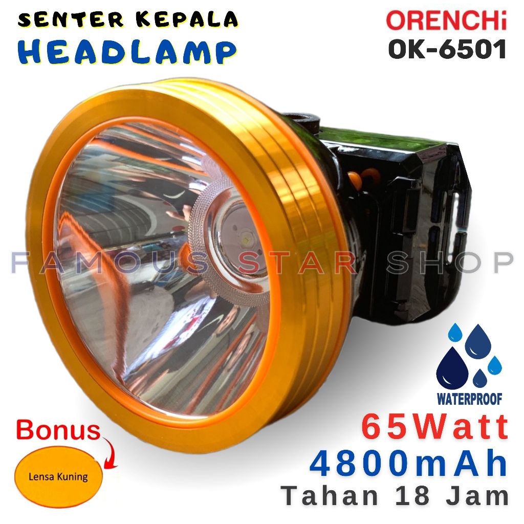 Senter Kepala Tesla Orenchi OK-6501 65 Watt Tahan 18 Jam (Gratis lensa kuning) 1 Senter Dengan 2 Cah