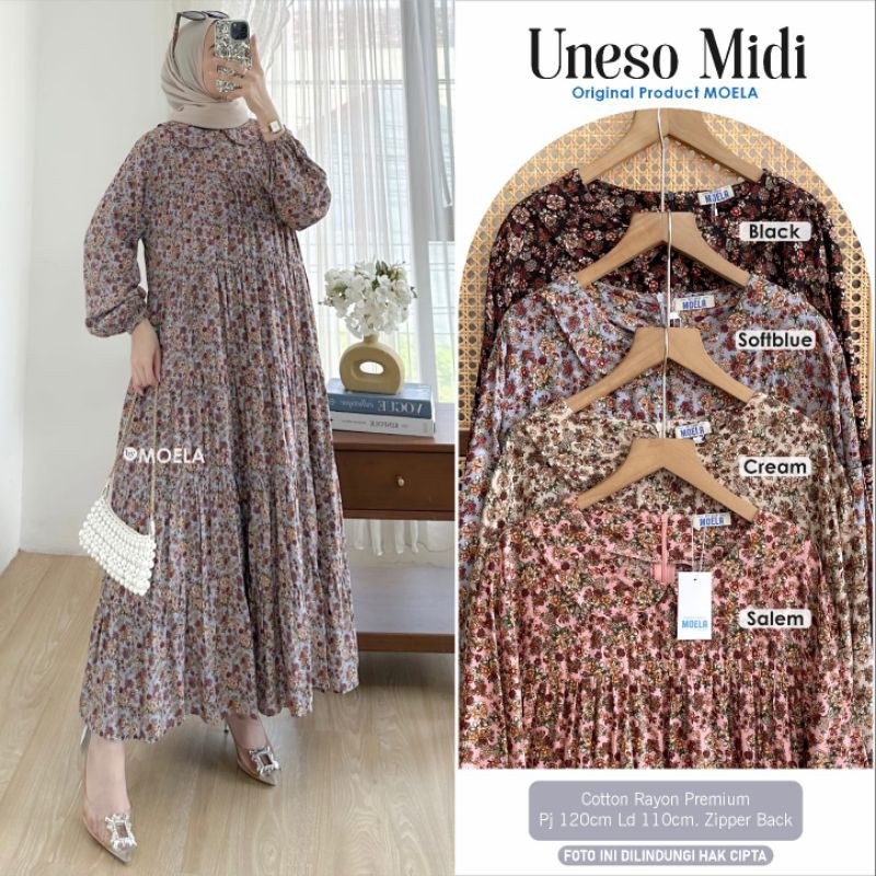 Uneso Midi Dress Gamis Allsize Premium Cotton Rayon Original Moela Berlabel