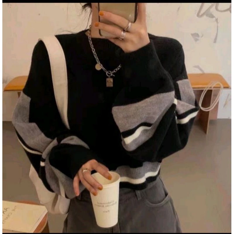 SWEATER RAJUT WANITA - ARA KNITE STRIPE KOREAN SWEATER - SWEATER WANITA KOREA - SWEATER