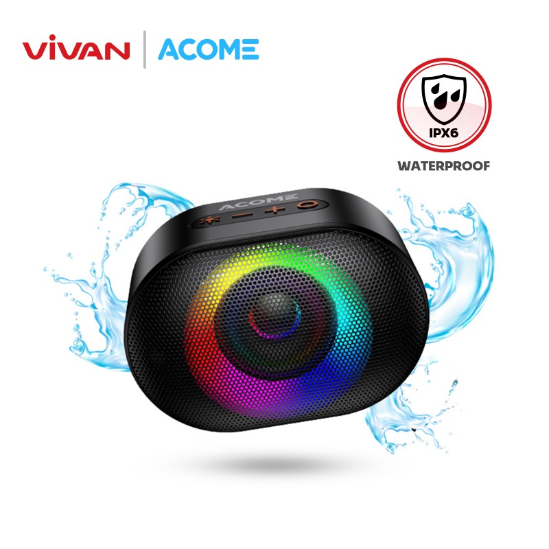 VIVAN X ACOME A10 Speaker Mini Bluetooth 5.0 10W IPX6 Waterproof RGB Light Rhyme Rave Party Garansi 