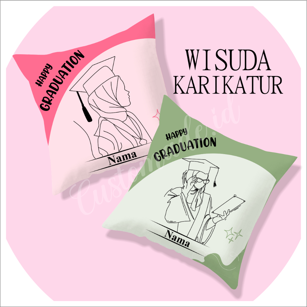 Bantal Wisuda Karikatur 25x25cm - Bantal Custom - Kado Wisuda - Graduation Cowok - Happy Graduation