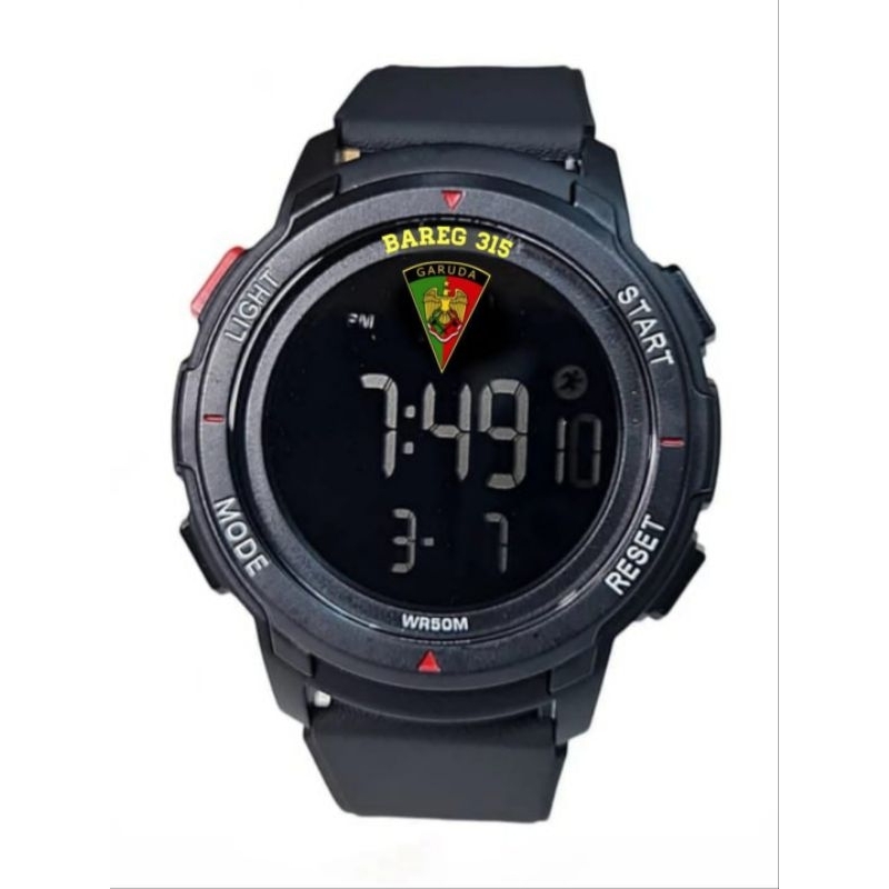 Jam tangan sport tentara digital logo BAREG 315 TNI AD tali hitam strap rubber anti air