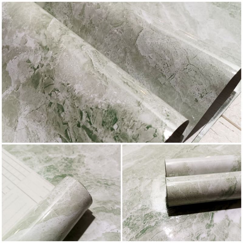 Wallpaper Dinding Dapur Kitchen Set Marmer Marble Hijau Glossy Dekorasi Dapur Meja Dapur