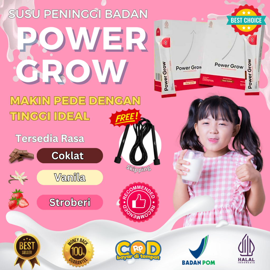 5 Sachet Susu Power Grow Rasa Stroberi Paket Suplemen Obat Peninggi Badan Kotak Bubuk Sachet Kalsium