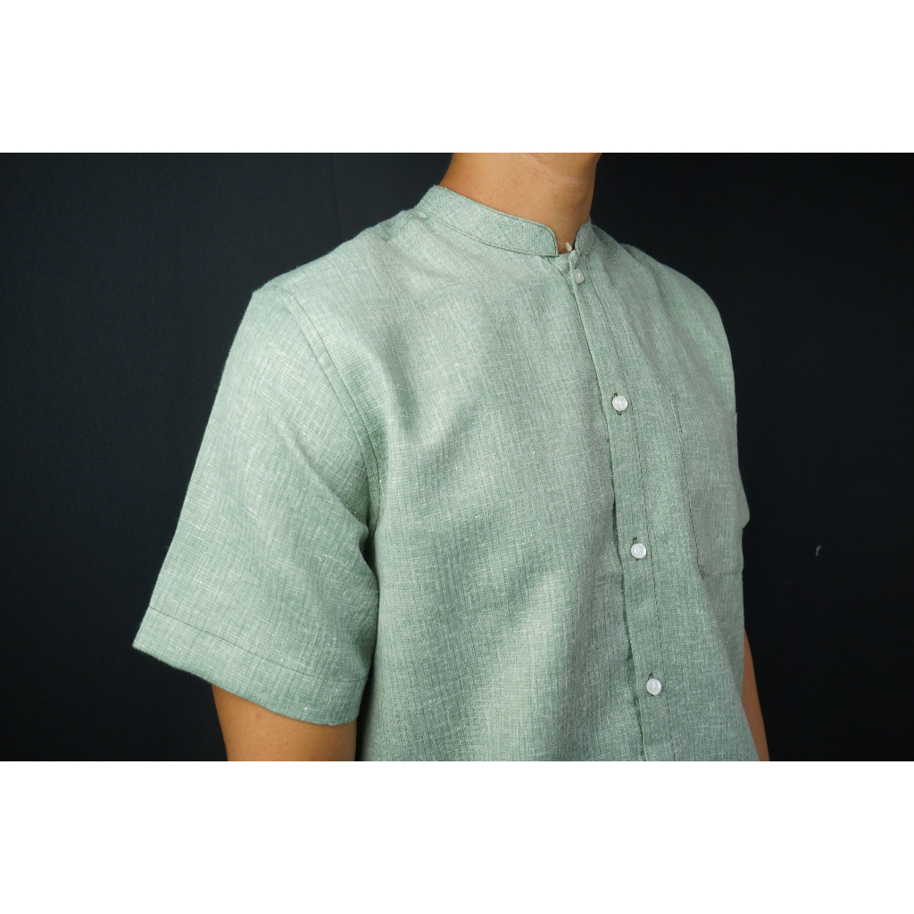 COD Baju Muslim Kemeja Koko Pria Lengan Pendek Stanley Adams Hijau Green Sage Kerah Shanghai Collar 