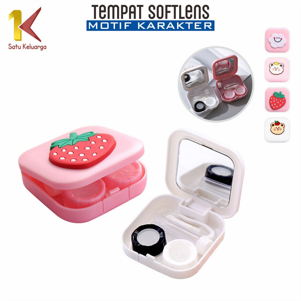Satu Keluarga Kotak Tempat Softlens Motif Karakter dengan Cermin K163 Mini Softlens Case Tempat Peny