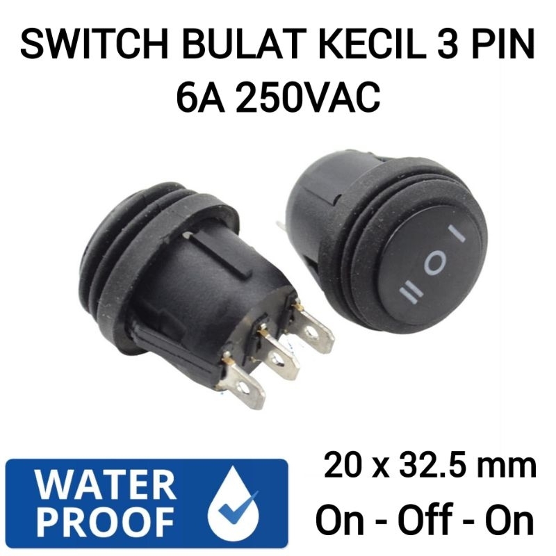 Waterproof Rocker Switch Saklar Tombol On Off On Bulat Kecil 3 Pin 6A 250VAC