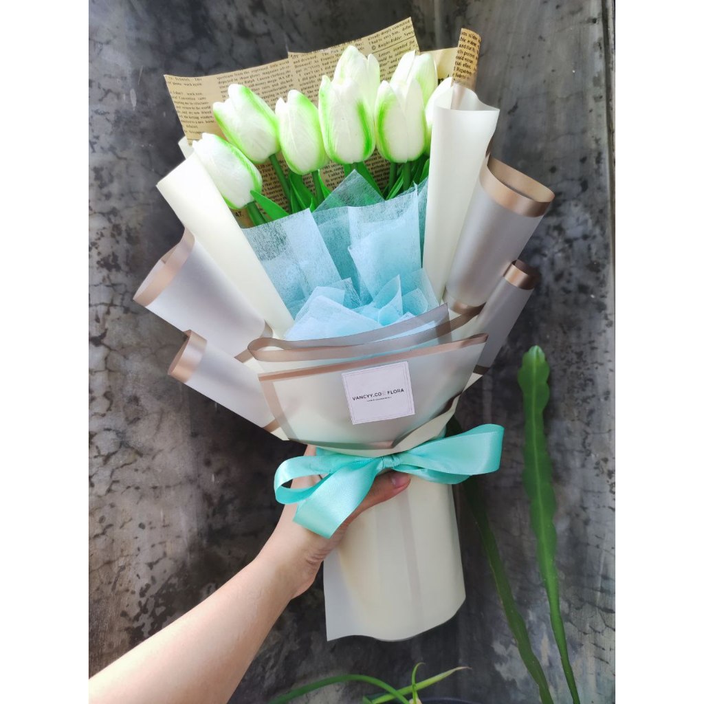 Buket Bunga Tulip Artificial Putih / Buket Bunga Tulip Vancyy Florist / Buket Bunga Tulis Artificial