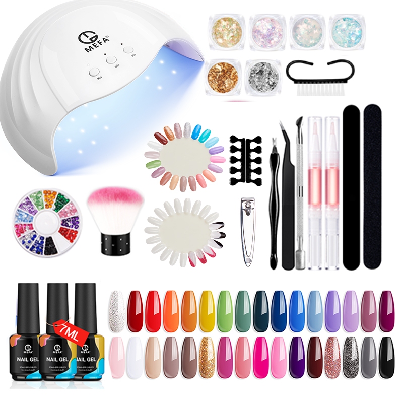 MEFA Nail Art Set Lengkap 32 Warna Gel Nail Polish Kit UV Light 48W Semua Musim Soak Off Gel Polish