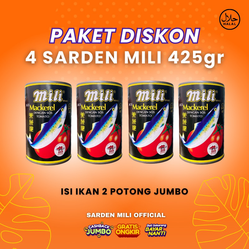 

Paket Diskon 4 Kaleng Sarden Mili Besar (ISI IKAN 2 POTONG JUMBO) KUALITAS No. 1, Exp 2027