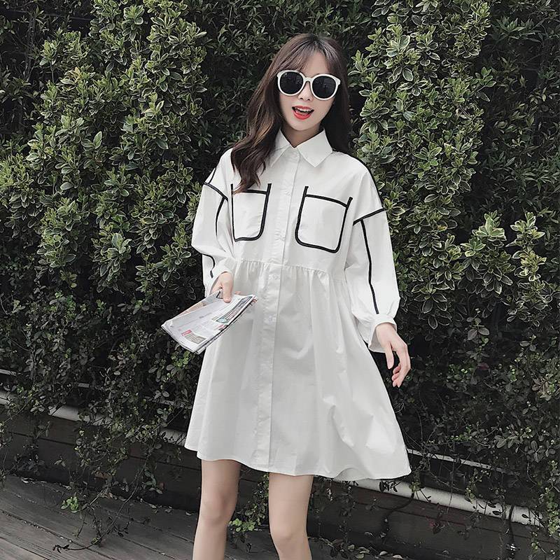 Dress pendek kerah POLO lengan panjang longgar putih