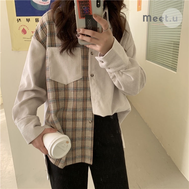 Meet.U Kemeja Korduroi Kotak-kotak Retro Blouse Korea Jaket Kemeja Wanita Oversize Lengan Panjang