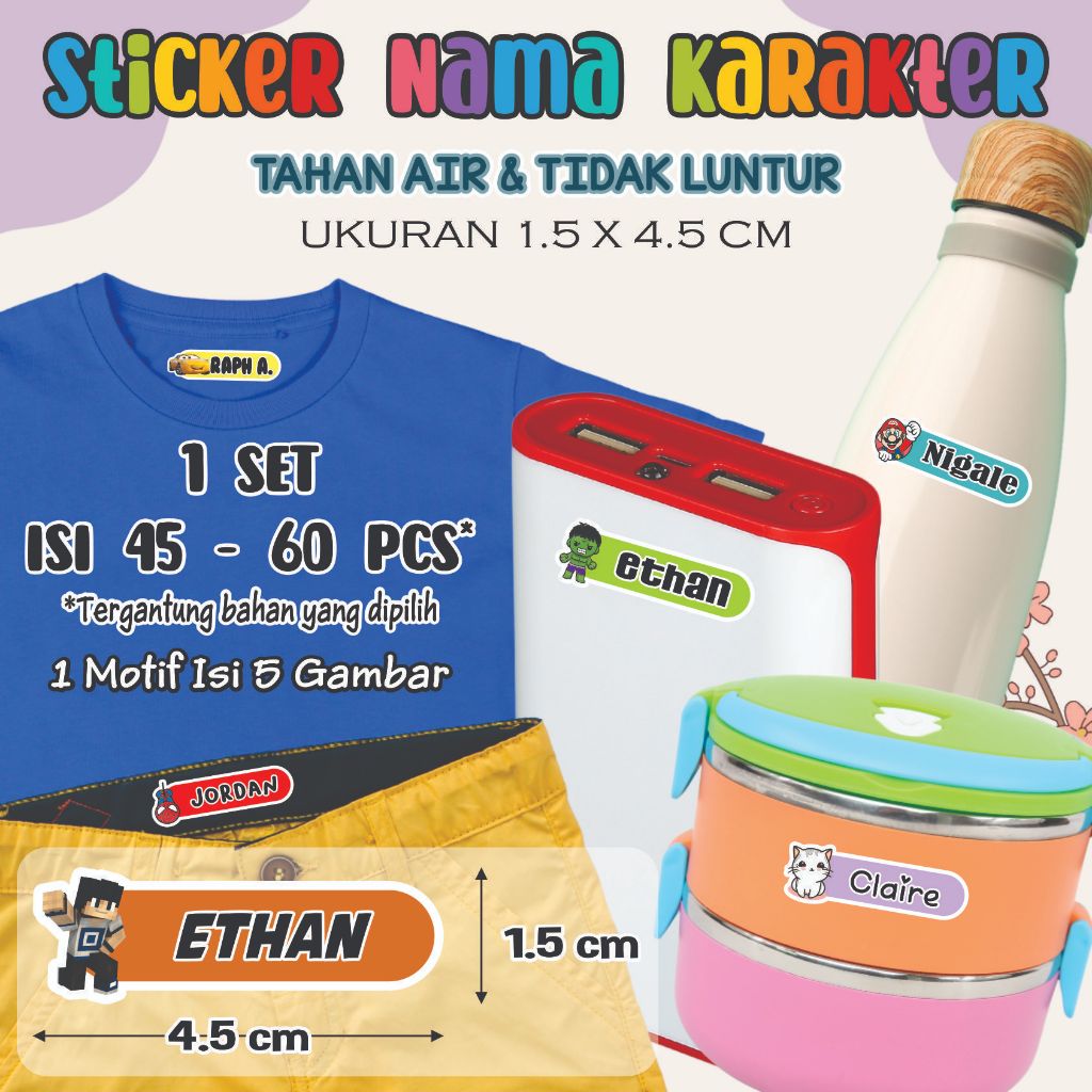 

(isi 45 - 60 pcs) - Motif Perempuan / Cewek - Sticker Nama Label Custom Karakter - Label Nama