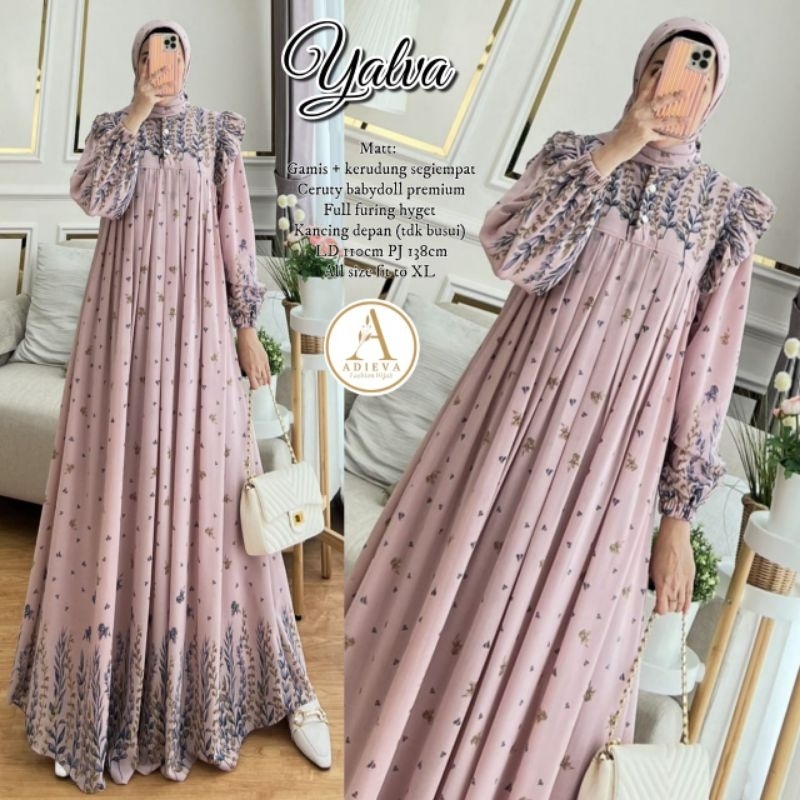 YALVA DRESS GAMIS SETELAN KERUDUNG JILBAB SEGIEMPAT PREMIUM CERUTY BABYDOLL GAMIS PESTA LEBARAN GLMA