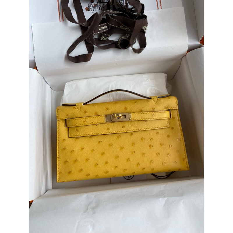 HM Ostrich Kelly Pochette Yellow GHW