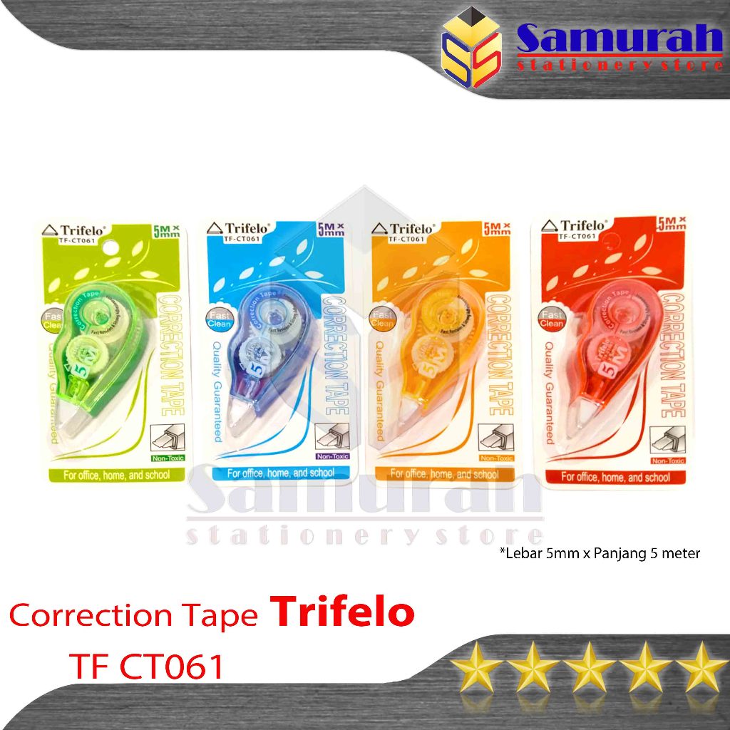 

Correction Tape Trifelo TF - CT061 panjang 5 meter / Tip-Ex Rol Kertas kecil lebar 5 mm / Tipe X Roll Mini