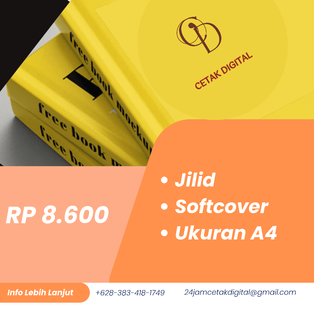 

Cetak Buku Digital JILID SOFTCOVER + LAMINASI ukuran A4 PRINT BUKU, PDF, NOVEL, KITAB, DLL MURAH DAN CEPAT