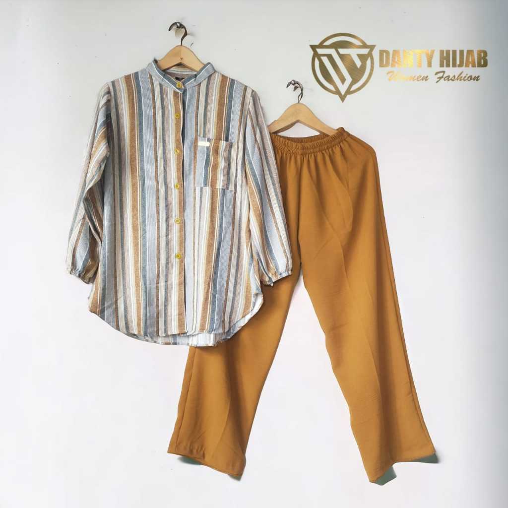 One Set Madona Crinkle Airflow / Setelan Kotak Crinkle Airflow / Atasan Kemeja Plus Celana