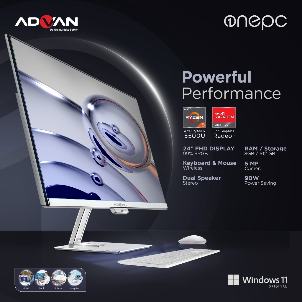 Advan komputer All In One PC AIO OnePC AMD RYZEN 5 5500U 8+512GB Windows 11 24 Inch Full HD 99% SRGB-1